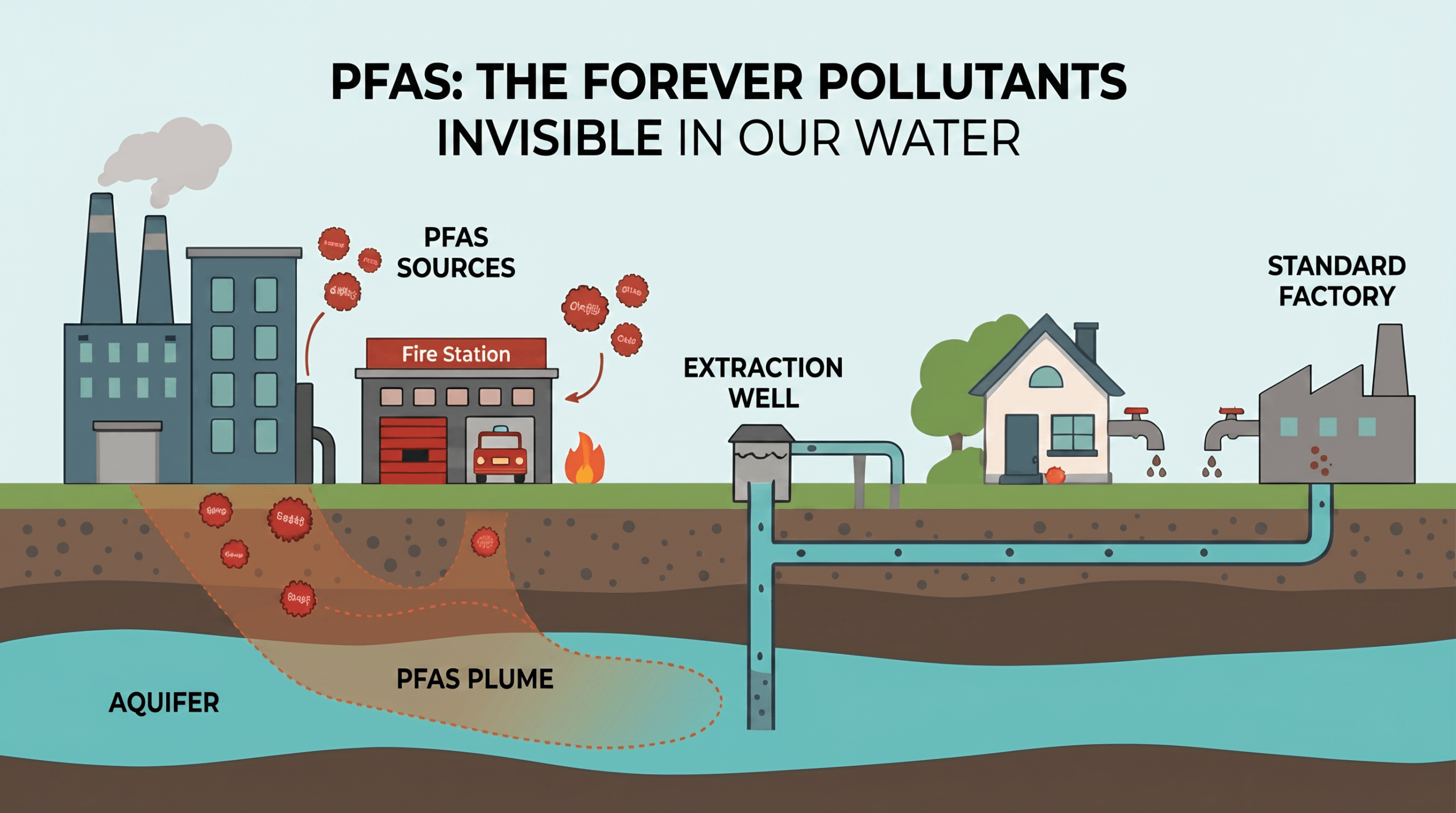 Diagram illustrating PFAS contamination of groundwater from industrial sources and the need for water treatment.